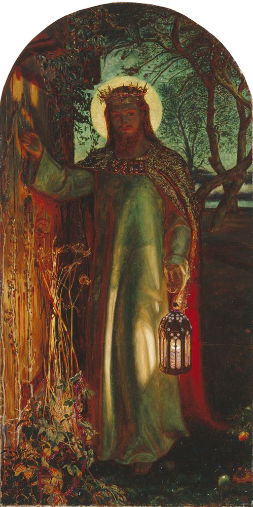 Jesus holding a lantern and knocking at a wooden door