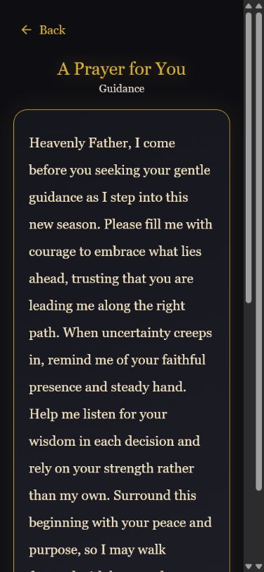 A personal prayer for guidance displayed in Beloved's calm reading view