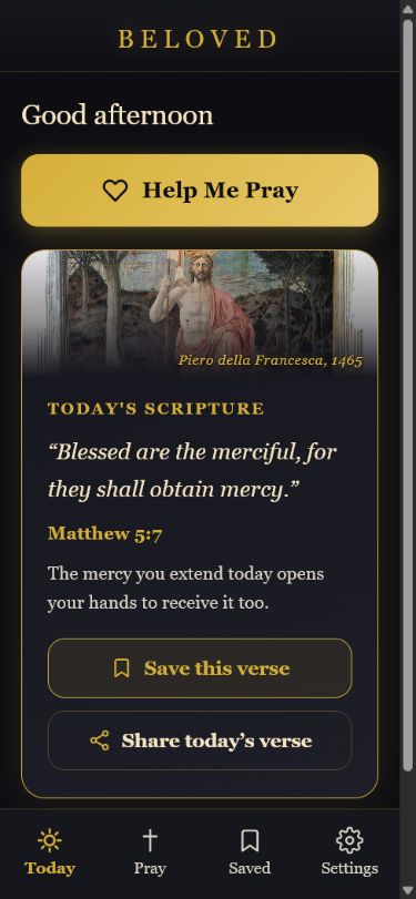 Beloved Today screen with sacred artwork, daily scripture and prayer controls